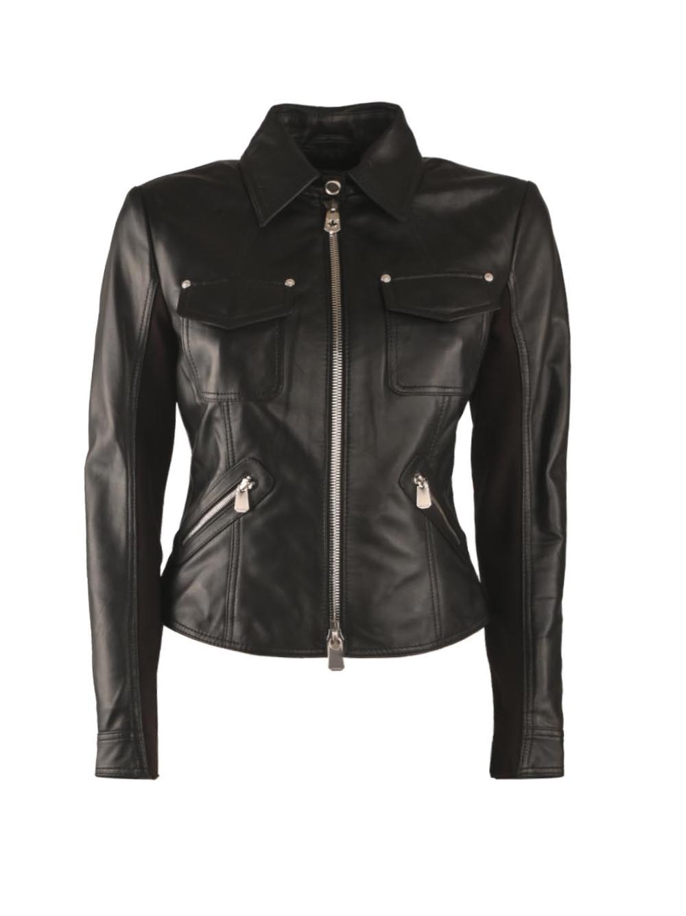 Leather Jacket Giacca Pelle E Tessuto Pinko Giubbino Biker In